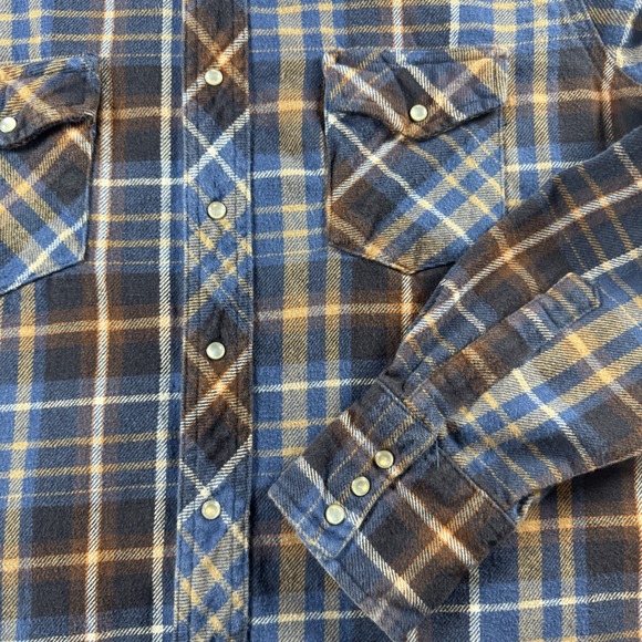 Wrangler Mens Blue Brown Plaid Western Pearl Snap Flannel Shirt Large Long Slv - Picture 5 of 9